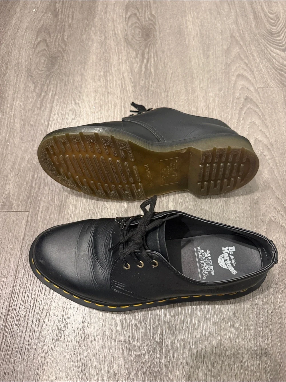 Dr. Martens Black Leather Low-Top Derby with Yellow Stitching
